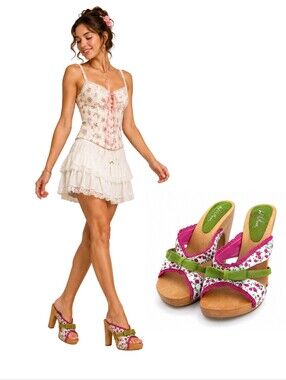 Wild Pair Mambo WP Floral Wooden Mule Heels Sz 8 Coquette Barbiecore Y2K